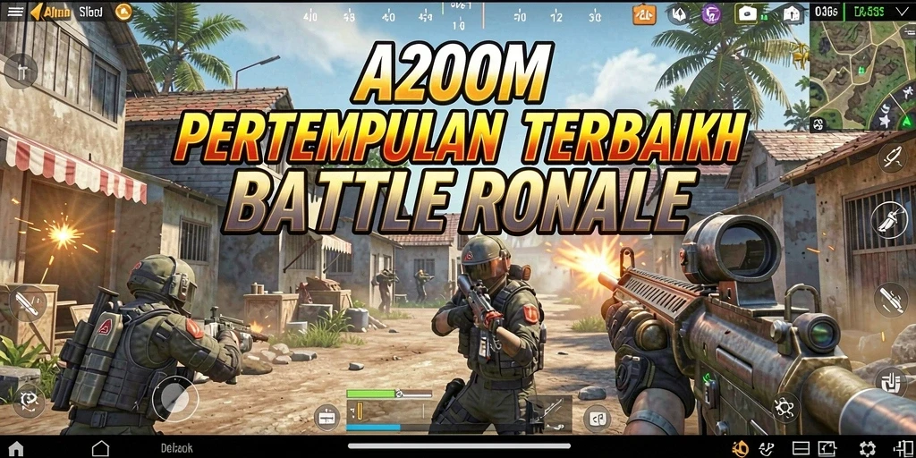 Menampilkan tampilan seru gameplay A200M dalam pertarungan Battle Royale.