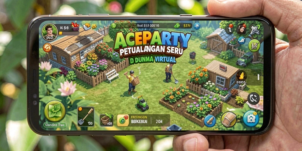 Tampilan gameplay <strong>ACEPARTY</strong> yang menarik dengan aktivitas berkebun yang seru.