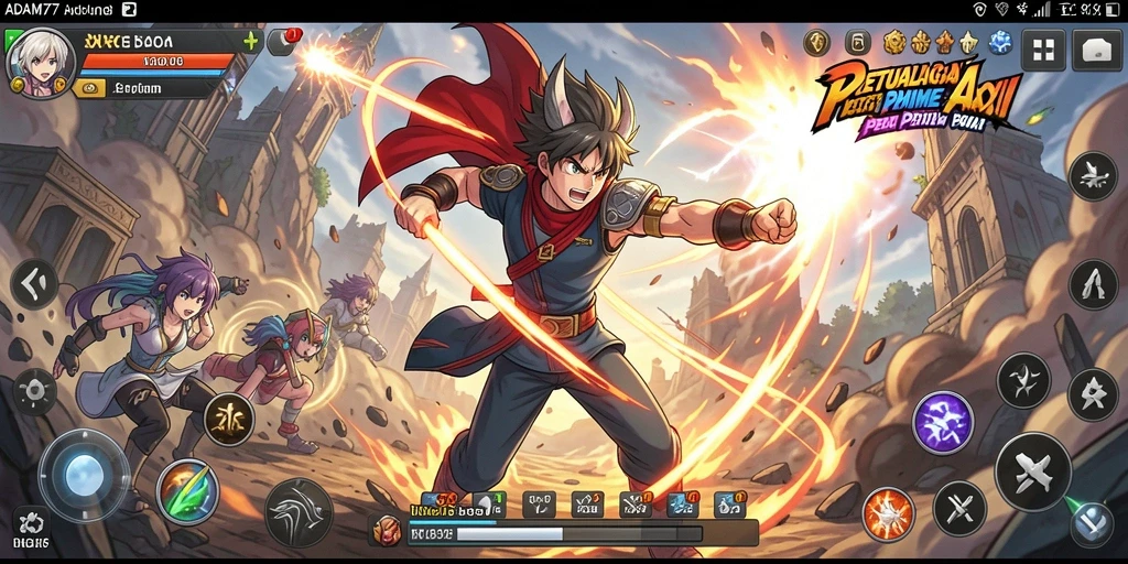 Screenshot gameplay ADAM77 yang menunjukkan aksi karakter anime.