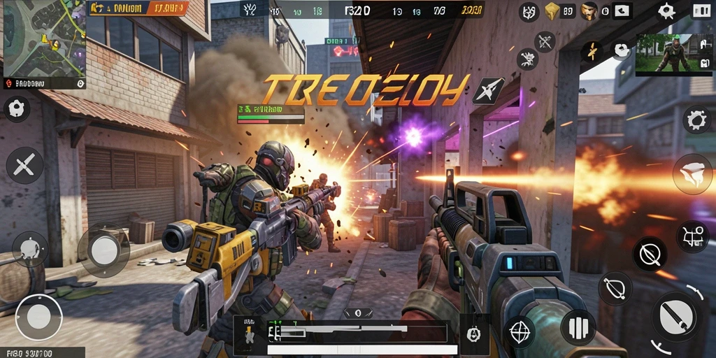 Screenshot utama F32 menampilkan aksi pertempuran yang intens dan mendebarkan.