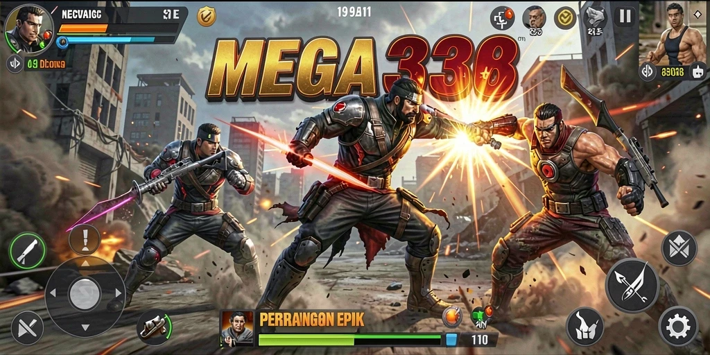 Screenshot MEGA338 menampilkan aksi pertarungan yang dramatis dan intens.