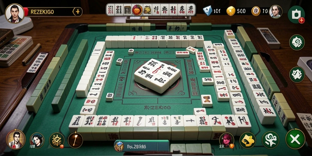Tampilan gameplay menawan dari REZEKIGO dengan desain ubin Mahjong yang menarik.