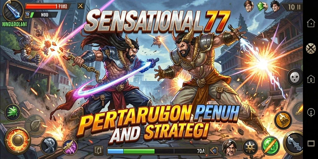 Tampilan aksi epik dalam SENSATIONAL77 saat karakter bertarung.