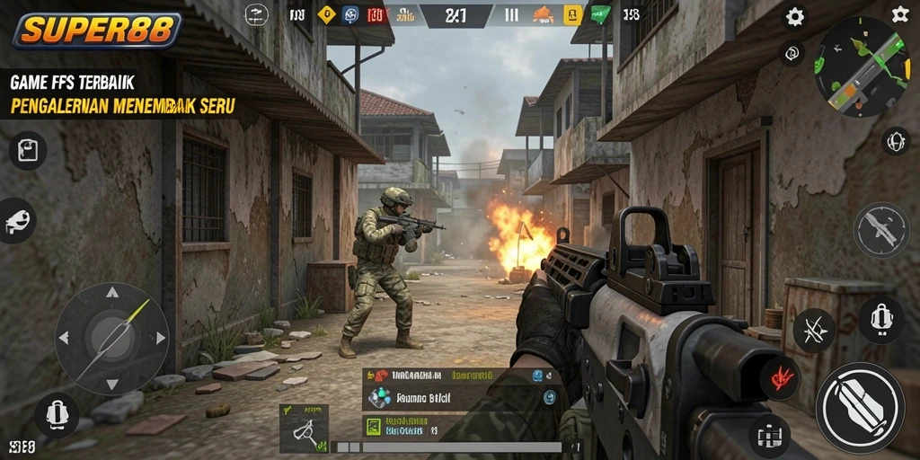 Screenshot utama SUPER88 menampilkan aksi gameplay FPS seru.